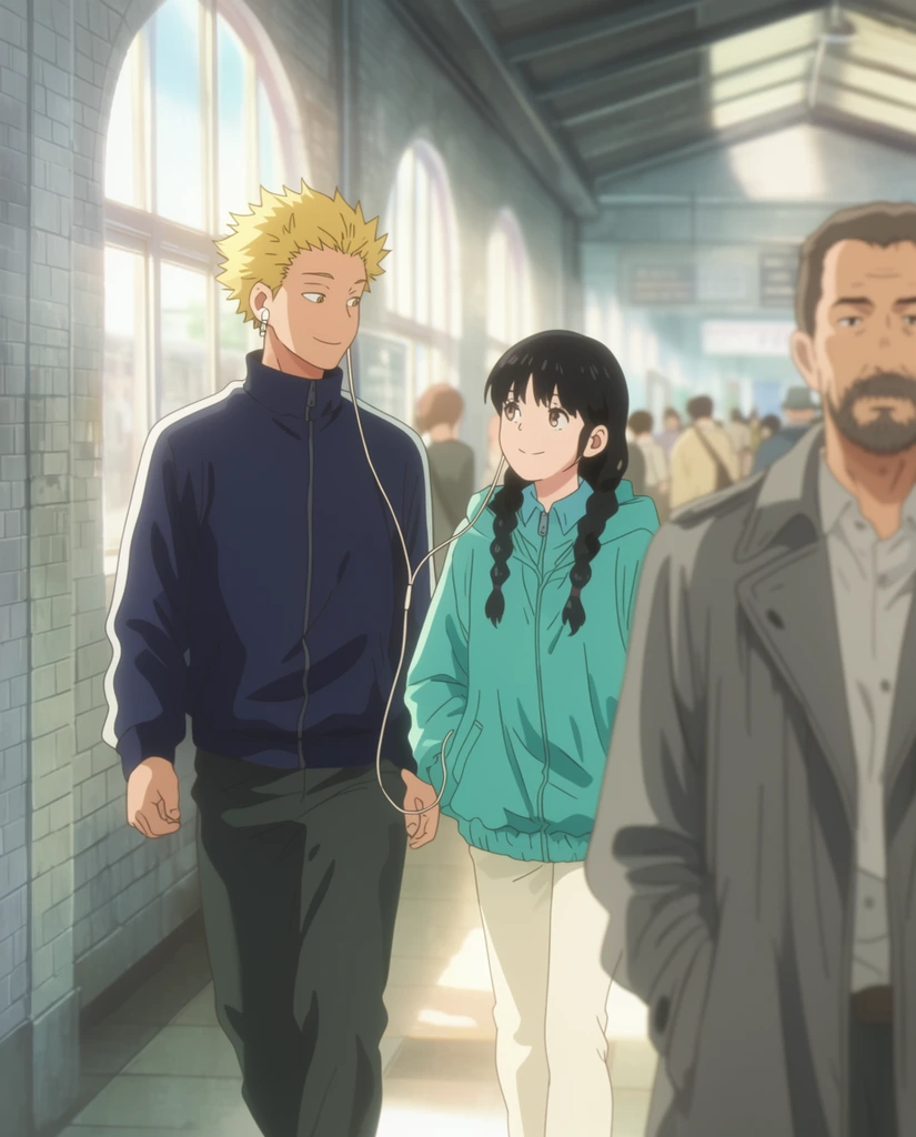 An anime-style scene in a brightly sunlit train station corridor featuring a tall teenager with spiky blonde hair in a dark blue track jacket walking beside a girl with long black braided hair in a teal windbreaker. They smile at each other while sharing wired headphones. In the softly blurred right foreground, a bearded middle-aged man in a grey trench coat glances sideways. The background reveals a bustling passage with arched windows letting in radiant sunlight that illuminates the light grey tiled walls and blurred commuters. The image features a soft, cinematic, pastel color palette with a shallow depth of field characteristic of high-quality 2D animation.