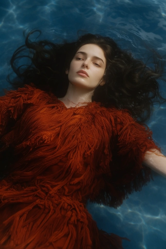 woman floating on back in deep blue water, voluminous rust-red fringed garment, dark wavy hair fanning out, pale skin, serene gaze, overhead shot, soft water caustics, ethereal cinematic lighting, warm terracotta and cool blue contrast