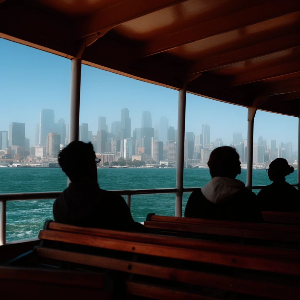 Silhouetted passengers on wooden benches inside a shadowed ferry gaze across teal water at a sunlit city skyline. The boat's roof and pillars frame hazy skyscrapers against a clear blue sky, contrasting deep warm interior shadows with brilliant exterior daylight.