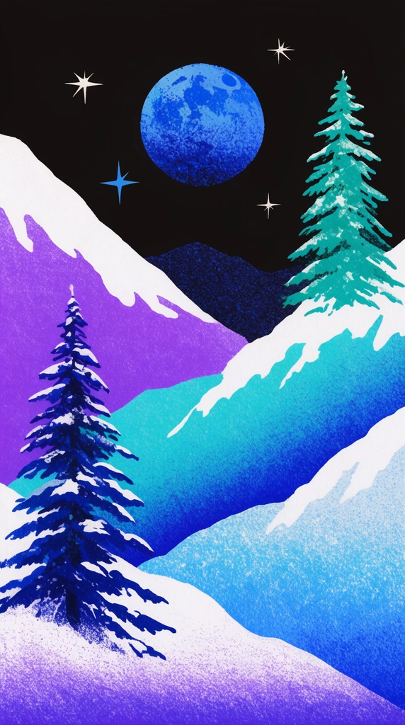 A stylized winter landscape of layered mountains rendered in vibrant risograph-style gradients of purple, cyan, and blue beneath stark white snowcaps. A large, textured blue moon and four-point starbursts fill the pitch-black sky. Two snow-dusted pine trees anchor the scene, one dark blue on the left and a teal one perched on a right peak. The artwork features heavy stippling, grainy textures, and surreal high-contrast color blocking.