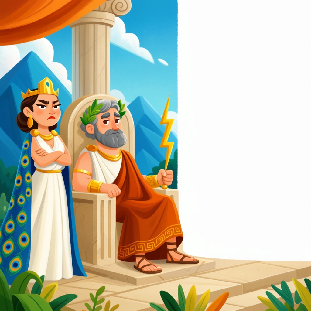 A stylized 2D digital illustration features a bearded man seated on a stone throne and a stern woman standing beside him, with the entire right half of the composition left as blank white space. The gray-haired man wears a leafy wreath, gold jewelry, and a draped burnt-orange toga with a geometric border, casually holding a yellow lightning-bolt scepter. To his left, the woman crosses her arms, wearing a gold crown, a white gown, and a blue cloak patterned with peacock feather eyes. They occupy a tiled stone terrace framed by a classical fluted column, an orange canopy, and leafy foreground plants. Angular blue mountains and puffy white clouds fill the vibrant background, all rendered with smooth textures, warm colors, and playful character designs typical of modern children's book art.
