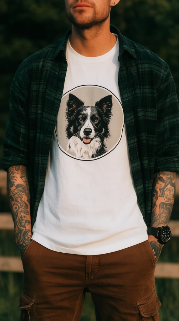 waist-up shot of a man outdoors, crisp white t-shirt featuring a circular graphic of a black and white dog, open dark green plaid flannel shirt, brown cargo pants, heavily tattooed forearms, black wristwatch, blurred dark green foliage and wooden fence background, warm golden hour lighting, shallow depth of field, lifestyle photography