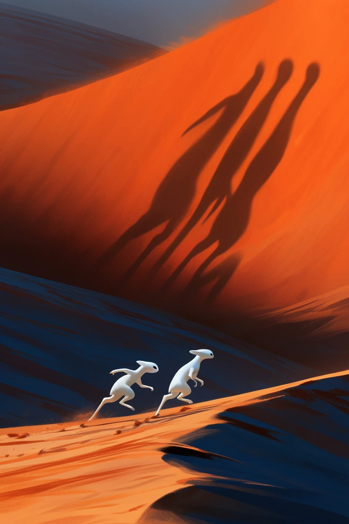 two small sleek white bipedal creatures running on a sand ridge, massive glowing orange dune background, elongated dark shadows cast on the towering sand, deep blue shadowed valleys, vibrant terracotta highlights, cinematic wide shot, digital painting, monumental scale