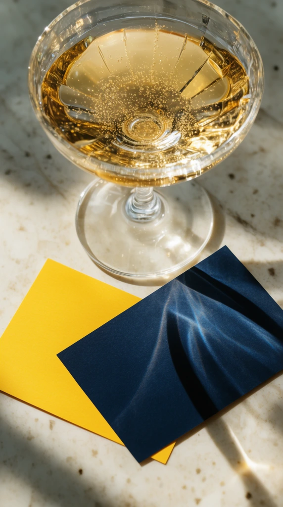 top-down macro photography, crystal coupe glass holding sparkling golden liquid, two overlapping blank rectangular paper cards, vibrant yellow card beneath a dark navy blue card, resting on an off-white speckled marble tabletop, harsh direct sunlight, dramatic dark cast shadows, brilliant optical glass caustics curving across the paper, elegant luxurious still life, warm natural lighting