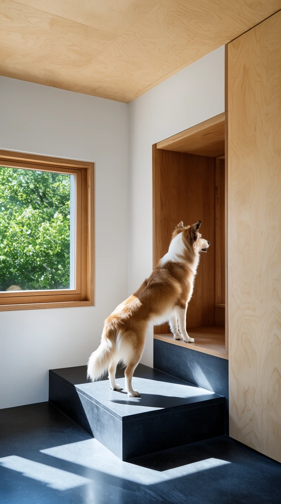A tan and white dog stands on its hind legs on a dark gray architectural platform, peering into a deep wooden interior opening. The modern minimalist space contrasts smooth white walls with warm birch plywood ceilings and partitions. Natural sunlight strikes the dog, casting sharp geometric shadows on the floor. A neighboring wood-framed window reveals vibrant green foliage outside.