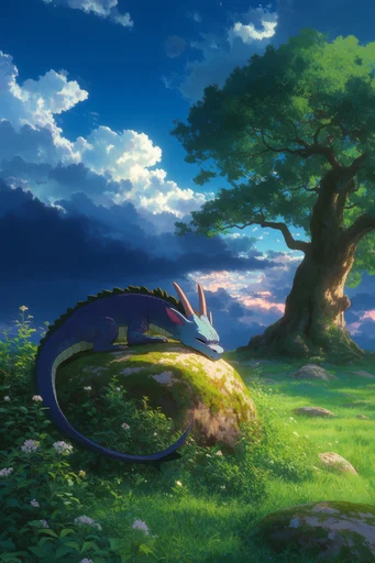 Nostalgic Ghibli Pastoral style reference image — towering cumulus clouds