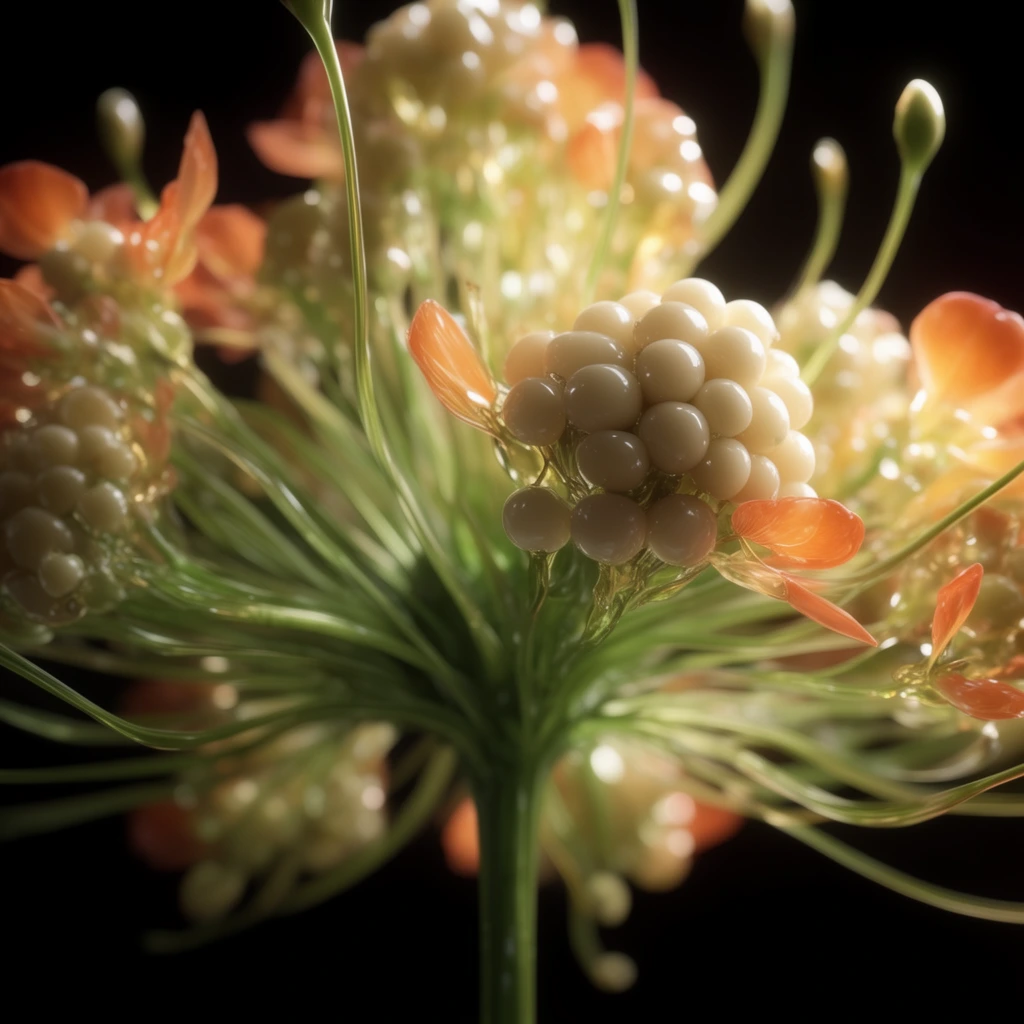 A glowing botanical specimen bursts outward against a pure black background in this hyper-detailed macro shot. Radiating green stems explode from a central stalk, supporting dense clusters of glossy, bead-like cream seed pods and translucent orange petals. Dramatic rim lighting highlights the glass-like textures and sweeping, curved tendrils. An extremely shallow depth of field keeps the right-center seed cluster in crisp focus, while dissolving the surrounding stems and flora into soft, luminous bokeh.