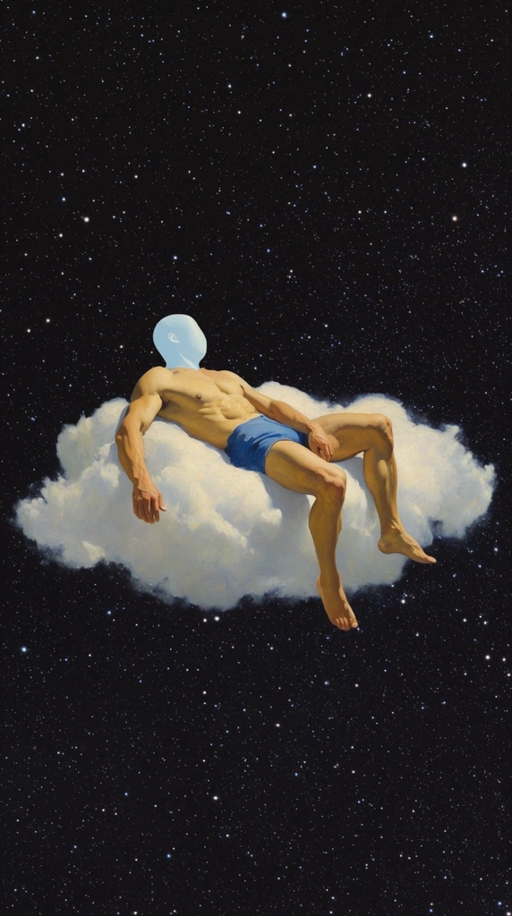 A surreal collage-style artwork of a muscular man reclining on a fluffy white cloud suspended in deep outer space. The figure has a smooth, pale blue head, a natural skin-toned torso, and blue shorts. He rests in a relaxed pose, arms and legs dangling loosely over the cloud's edges. A pitch-black void densely scattered with bright, twinkling white stars surrounds the isolated central subject. The piece blends vintage oil painting textures with cosmic surrealism, highlighting the brightly illuminated figure and cloud against the infinite dark expanse.