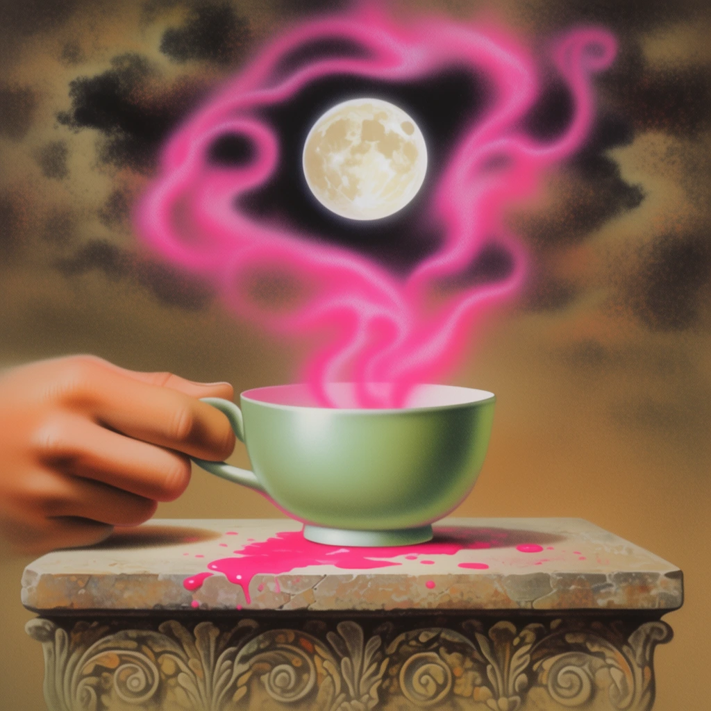 A surreal digital painting of a disembodied hand holding a pale green teacup on an ornate stone pedestal. Glowing neon pink vapor swirls upward from the cup, framing a full moon amidst dark, textured clouds. Splattered pink liquid pools on the carved stone. The artwork features an airbrushed, grainy 1970s fantasy aesthetic with earthy background tones contrasting sharply with the vivid neon pink.