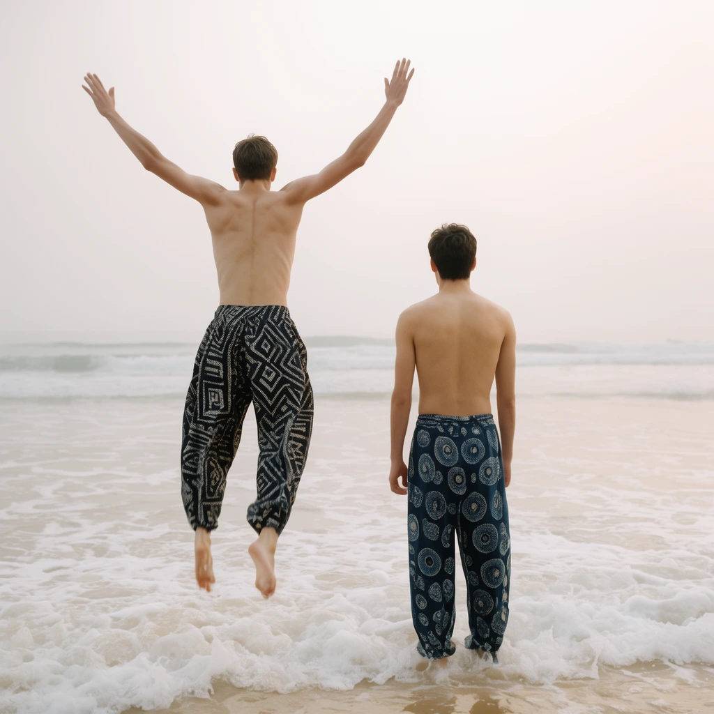 Two shirtless men on a hazy beach viewed from behind. One leaps high mid-air with raised arms, wearing loose dark pants with white geometric patterns. The other stands in frothy shallow surf wearing dark blue pants with circular motifs. Soft, low-contrast lighting and an overcast sky create a pale, ethereal coastal atmosphere.