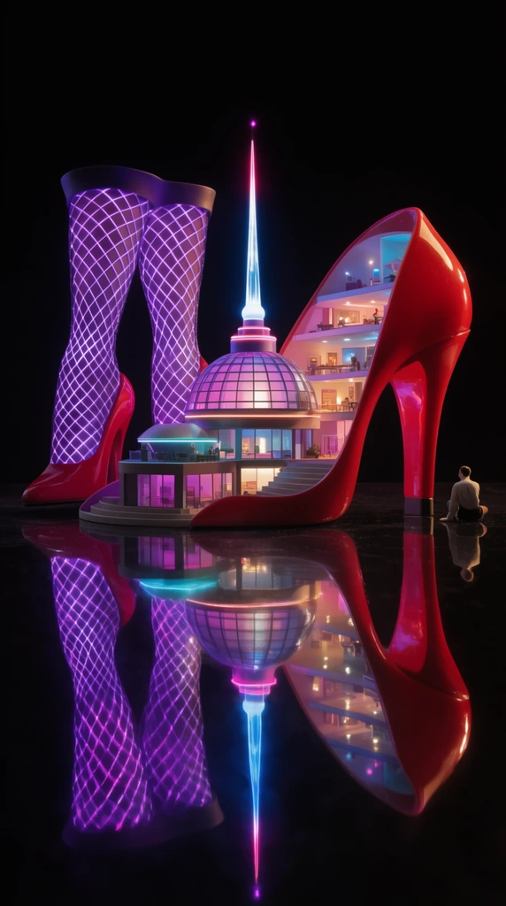 A miniature retro-futuristic architectural model rests on a highly reflective black studio floor. The neon-lit complex features a central domed building with a glowing spire, flanked by giant sculptural legs with a purple diamond grid and a massive red high-heel structure revealing illuminated interior floors. A human figure sits on the right edge, establishing the miniature scale. The dark environment and glossy surface create a perfect symmetrical reflection of the vivid magenta and cyan lighting.