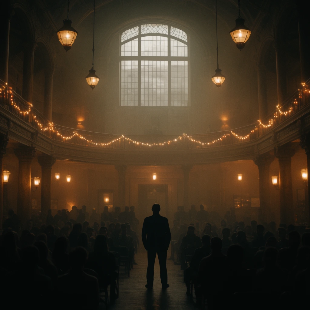 A wide cinematic shot of a hazy, dimly lit grand hall where a lone man stands before a silhouetted audience. The cavernous space features a wraparound balcony lined with glowing string lights, thick pillars, and vintage pendant lamps casting a warm sepia glow below a high arched window.