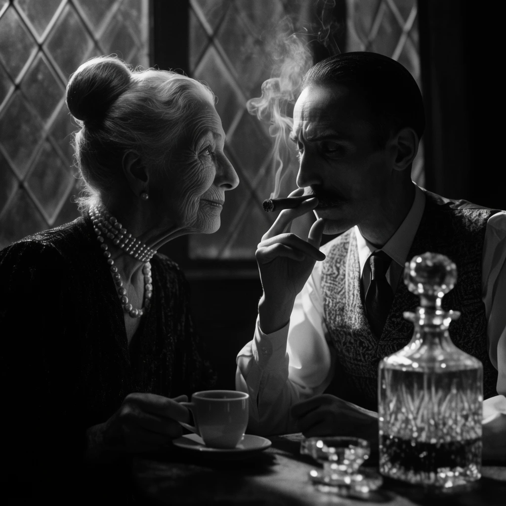 Black and white film noir shot of an elderly woman with a tight bun and pearl choker leaning toward a thin, mustached man in a patterned vest. He holds a smoldering cigar and an espresso cup. A crystal decanter sits on the table against a shadowy, diagonally paned window, illuminated by intense, high-contrast chiaroscuro lighting.