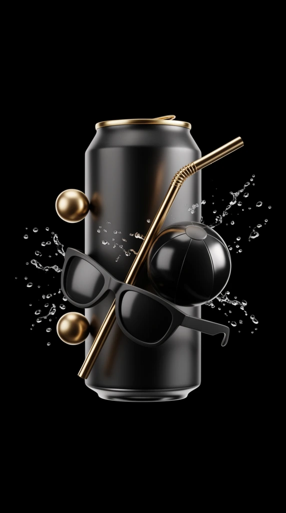 A sleek matte black beverage can with a metallic gold rim floats against a pure black background. Suspended around the center in a dynamic anti-gravity arrangement are a bent gold straw, a glossy black beach ball, two smooth gold spheres, and matte black sunglasses. Small water droplets explode outward in frozen motion catching sharp studio highlights. The hyper-realistic 3D render features high contrast, isolating the reflective gold accents against the deep void to create a minimalist aesthetic.