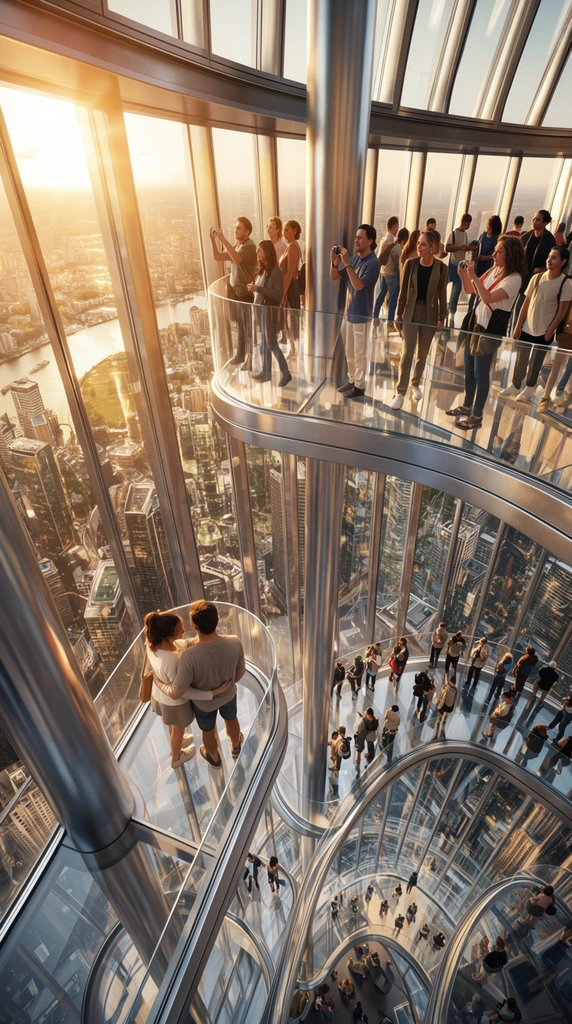 Curved, glass-floored observation decks span the vast interior atrium of a futuristic skyscraper filled with visitors. On a jutting transparent platform bathed in bright golden sunlight, a couple stands close together. Across the balconies, diverse groups lean against glass balustrades and take photographs. Massive steel columns and floor-to-ceiling angled windows frame a dizzying downward perspective. Through the transparent floors, a dense metropolis features a winding river and geometric high-rises reflecting the warm sunset. The photorealistic architectural rendering utilizes a wide-angle view and cinematic flares to emphasize the immense scale.