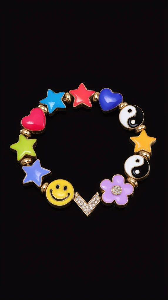 Colorful charm bracelet on solid black background, glossy bright enamel beads, gold spacers, stars, hearts, yin-yang, smiley face, flower, pavé diamond chevron, macro product photography