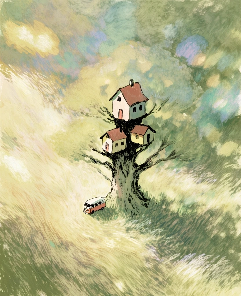 painterly digital illustration, impressionistic style with thick textured directional brushstrokes, whimsical houses precariously stacked atop towering gnarled tree trunks, a small vintage camper van at the base, high-angle bird's-eye perspective, swirling movement like wind-swept tall grass, warm creamy yellow, muted sage green, dusty ochre, soft pastel blue, layered cross-hatching, ethereal hazy atmosphere, nostalgic and dreamy aesthetic, dappled sunlight, soft focus, hand-drawn look