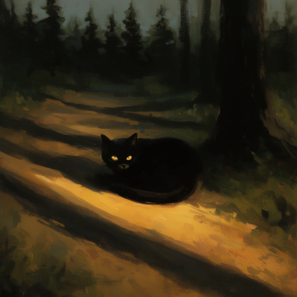 black cat curled on a sunlit forest path, piercing glowing yellow eyes, dark feline silhouette blending into deep shadows, prominent diagonal beam of warm golden light illuminating the ground, stark elongated tree shadows stretching across the ochre dirt, heavy dark tree trunk anchoring the right frame, distant row of silhouetted pine trees against a dim sky, visible woven canvas texture, impressionistic oil painting, loose expressive brushstrokes, dramatic chiaroscuro lighting, earthy palette of dark forest greens, rich blacks, warm golden yellows
