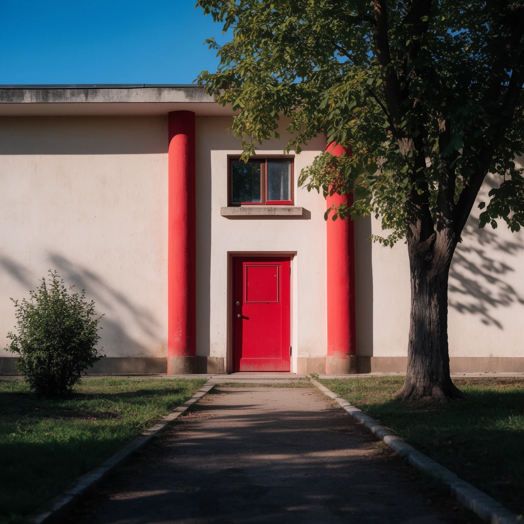 A building with a flat roof and a red door, two red columns on either side of the door, a small window above the door, a path leading to the door, a tree on the right side of the path, a small bush on the left side of the path, a blue sky, shadows cast on the building and the path