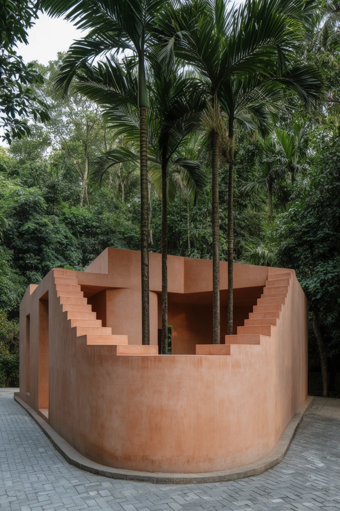 minimalist terracotta plaster pavilion, curving exterior wall with stepped profile, tall palm trees rising from within the geometric enclosure, dense lush green forest background, grey brick paved walkway, soft natural daylight, architectural photography