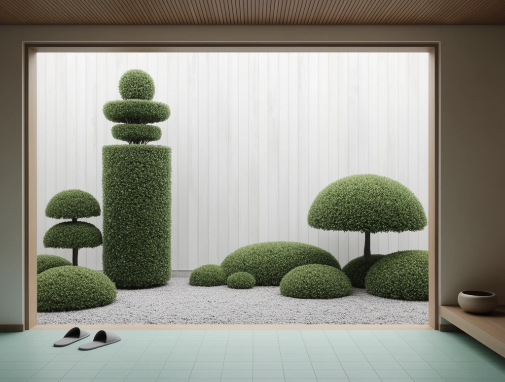 minimalist Zen garden viewed through a large architectural opening, manicured green geometric topiary, tall cylindrical bush topped with tiered domes, mushroom-shaped topiary trees, light grey gravel, vertical white paneled background wall, pale seafoam green tiled foreground floor, grey slippers on the left, low wooden ledge on the right with a round bowl, wood slatted ceiling, soft diffused natural lighting, hyper-realistic architectural render, serene atmosphere, pristine composition