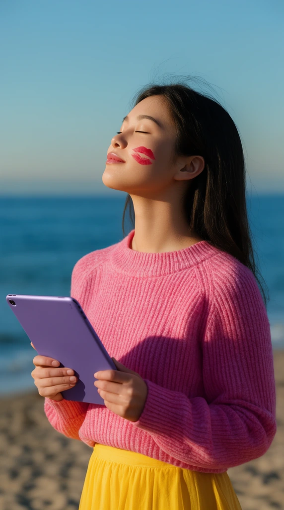 young Asian woman with a lipstick kiss mark on her cheek, eyes closed facing the sun, holding a purple tablet, pink ribbed sweater, yellow skirt, beach setting, blurred blue ocean background, golden hour lighting
