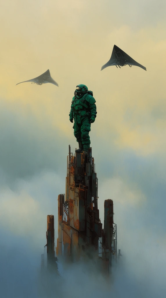A figure in a heavy deep-green atmospheric suit stands atop a rusted metallic spire piercing a sea of dense fog. Two dark delta-wing gliders fly through the hazy, pale yellow and cool blue sky. The wide-angle composition features diffused lighting, contrasting sharp, weathered metal textures against soft, painterly mist.
