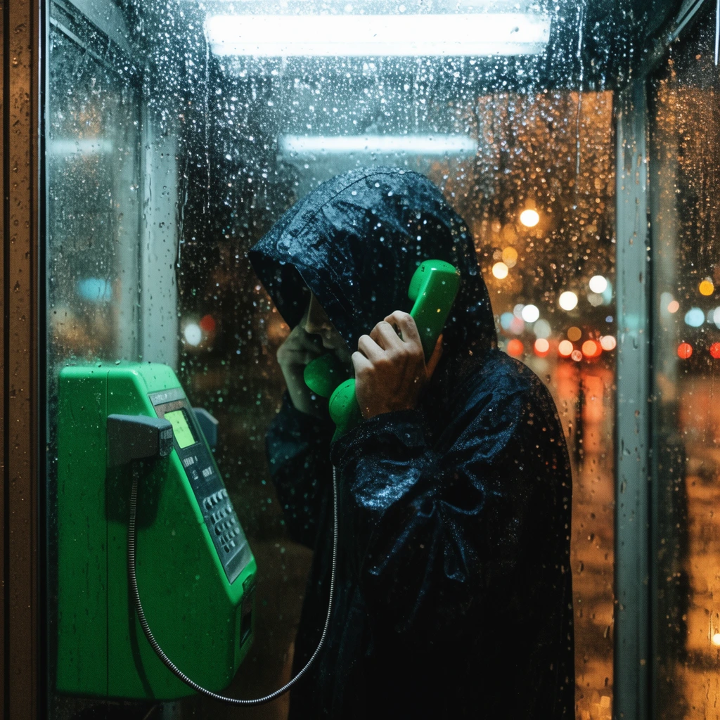hooded figure in dark raincoat using green payphone inside glass booth at night, viewed through rain-streaked pane, focused water droplets, overhead fluorescent light, cinematic mood, blurred bokeh lights