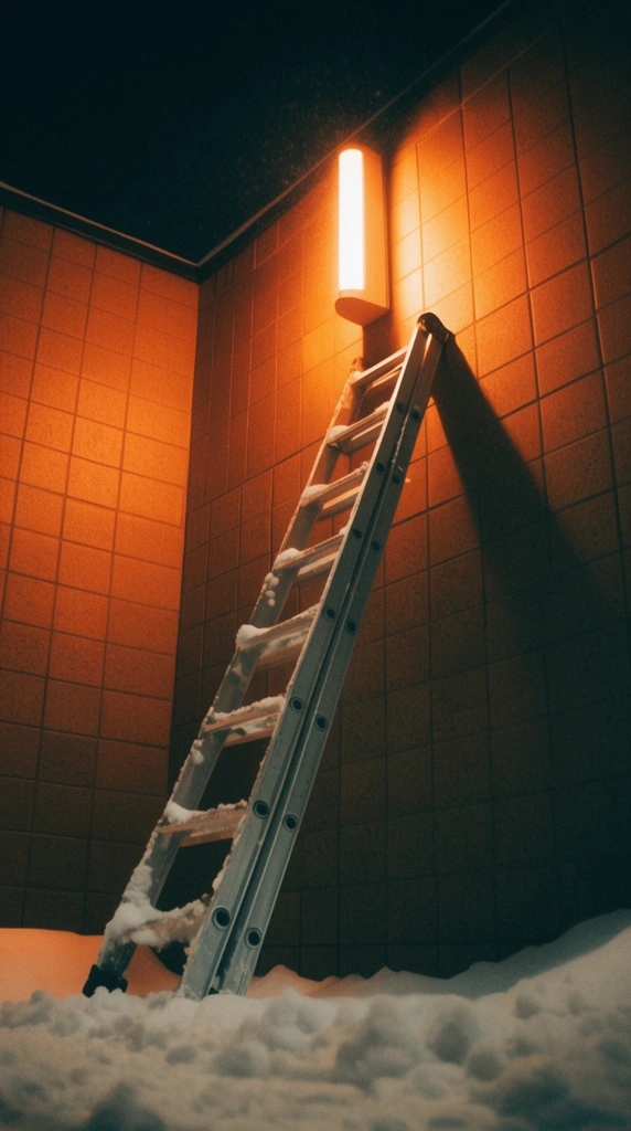 A snow-dusted aluminum ladder leans against a tiled corner wall at night beneath a bright overhead lamp. The ladder base rests in thick snow, with white patches clinging to its rungs. Warm amber light from the vertical fixture washes over the rectangular wall tiles, casting deep shadows and a sharp diagonal beam. Heavy film grain and a moody cinematic low-angle perspective contrast the vibrant orange illumination against the pitch-black sky.
