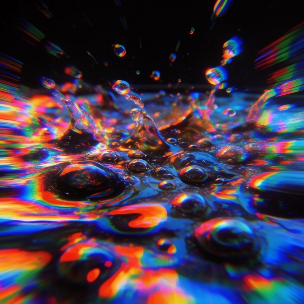Numerous droplets splash violently onto a thick, bubbling liquid surface, saturated in extreme chromatic aberration and vivid RGB color separation. The viscous fluid and suspended airborne droplets are intensely illuminated by harsh, directional neon lighting in electric blues, cyan, fiery reds, and vibrant greens against a pitch-black void. Pronounced lateral motion blur stretches the glowing highlights of the splashing impacts and bursting bubbles into horizontal, hallucinatory streaks of light. A deep stereoscopic glitch effect splits the color channels across the curved edges of the heavy, viscous ripples and spherical droplets, creating stark, high-contrast intersections of neon orange and vibrant blue. The glossy, reflective textures of the turbulent liquid are amplified by the extreme, split-spectrum illumination, rendering the fluid dynamics with a high-speed, hyper-stylized synthwave aesthetic.