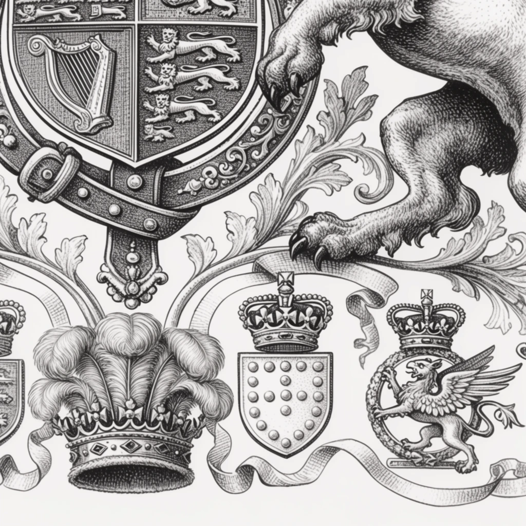 A close-up black and white pen and ink illustration of an intricate heraldic crest rendered with dense stippling and precise cross-hatching. A heavily ornamented shield divided into quadrants bearing miniature lions and harps is encircled by a buckled strap. Nearby, the textured leg and sharp talons of a rampant beast emerge among swirling acanthus leaves. Flowing ribbons weave around three lower emblems: a coronet bursting with tall ostrich feathers, a small shield studded with raised roundels beneath a jeweled crown, and a badge depicting a rampant winged griffin. The classical engraving style emphasizes sharp contrast, giving deep volume to the overlapping filigree, regal crowns, and mythical creatures in the tightly cropped frame.