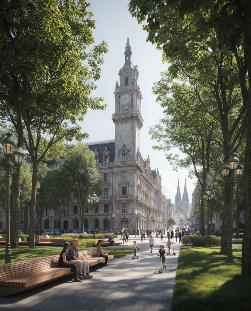 A bright urban park plaza stretches before a grand European building featuring a tall clock tower and ornate stone facade. Tall mature trees shade bright green grass and paved pedestrian walkways. People relax on long, modern wooden benches in the foreground, while children walk and ride scooters along a sunlit path. Vintage multi-globe lampposts stand among the foliage under clear daylight. The highly realistic architectural visualization highlights crisp stonework, vivid green foliage, and the distant silhouette of a gothic cathedral down the bustling street.