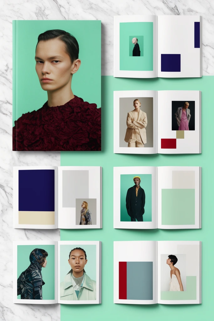 A top-down flat lay of editorial publications on a split white marble and mint green surface. A large cover features a portrait of an individual in a textured burgundy top against a mint backdrop. Beside it, six open spreads reveal minimalist layouts structured with geometric blocks and diverse fashion photography. Crisp studio lighting casts soft drop shadows.