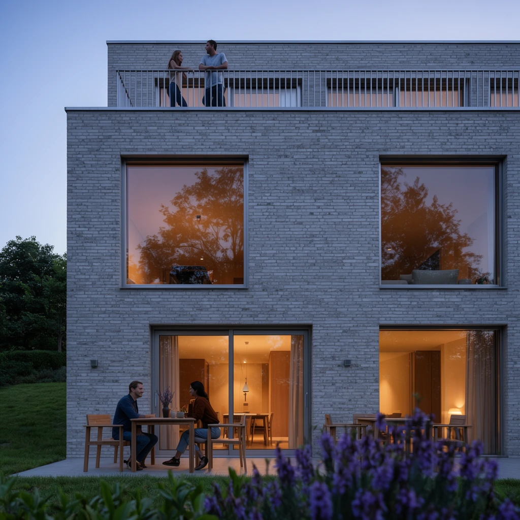 Modern light grey brick building facade at twilight, couple seated at a wooden table on a ground patio, warm amber interior light radiating from sliding glass doors, top balcony with a couple behind a metal railing, large square windows reflecting trees, out-of-focus purple flowering plants in the foreground, sloping green lawn, contemporary architectural photography, cool ambient lighting contrasting with warm interiors, balanced geometric composition