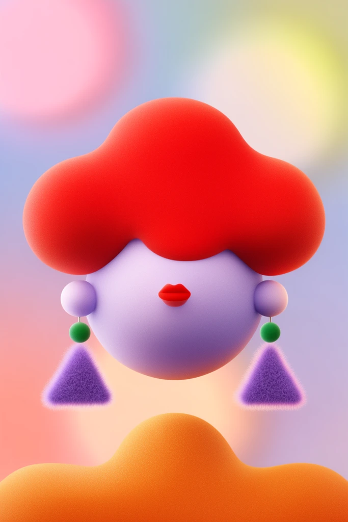 An abstract 3D rendering of a floating stylized head with a smooth lavender spherical face, tiny red lips, and a voluminous cloud-like bright red hair shape. Spherical ears support dangling earrings with green beads and fuzzy purple triangular tassels. The head hovers above an organic orange form. The artwork features soft matte grainy textures against a blurred pastel gradient background with large glowing bokeh circles.