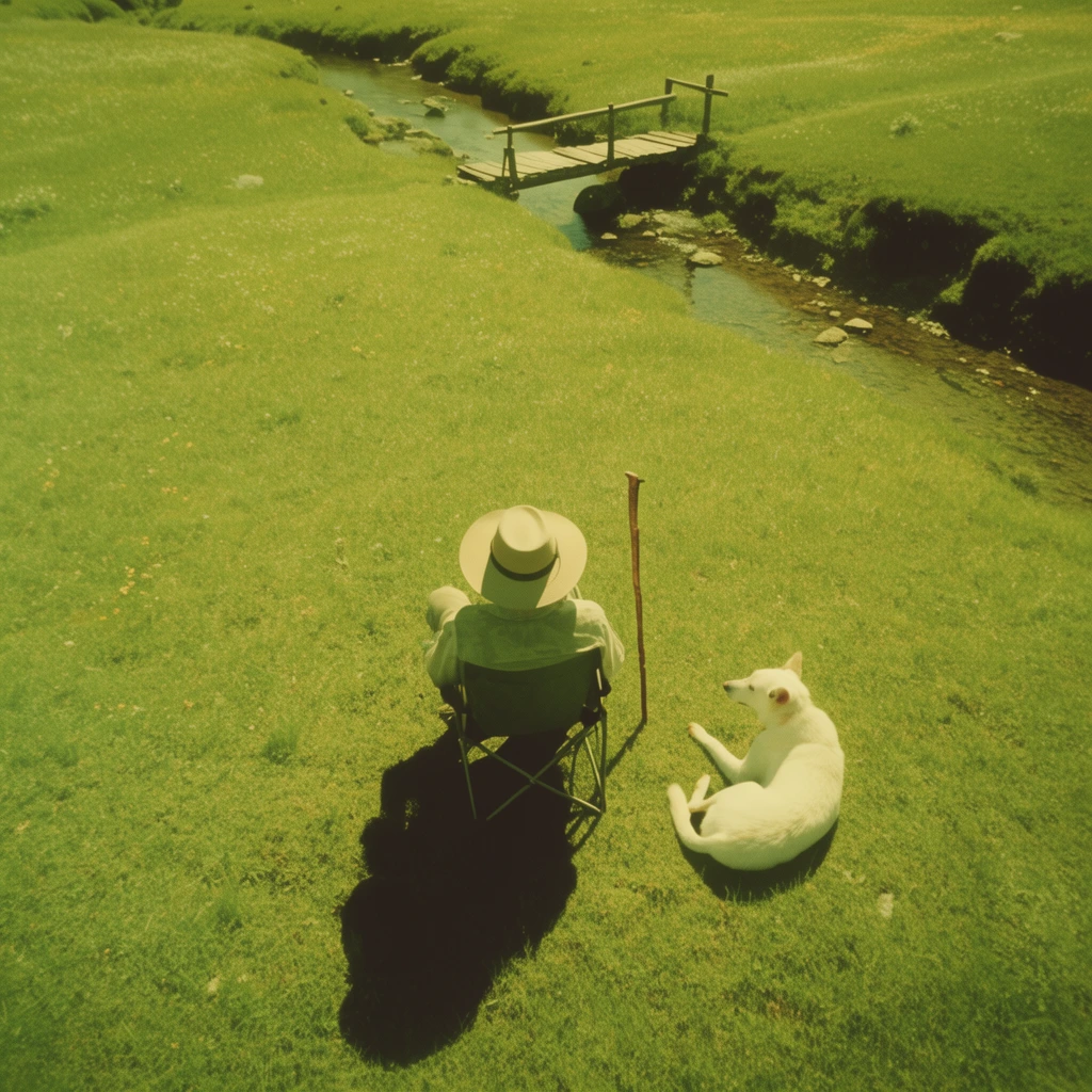 An aerial shot of a person in a wide-brimmed hat sitting in a folding chair centered in a vast, sunlit green meadow. A white dog rests nearby beside an upright walking stick, both casting sharp dark shadows. A narrow stream spanned by a small wooden bridge winds through the upper background terrain, captured with a vintage, yellowish-green cross-processed film aesthetic.