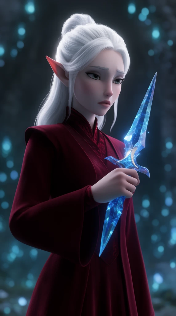 A 3D animated elven woman with stark white hair pulled back holds a glowing blue crystal dagger. She wears elegant deep crimson robes and has a somber, focused expression. Soft rim lighting highlights her delicate features and pointed ears. The background features a dark, moody environment with out-of-focus, floating cyan bokeh lights, creating a cinematic, magical atmosphere with a shallow depth of field.