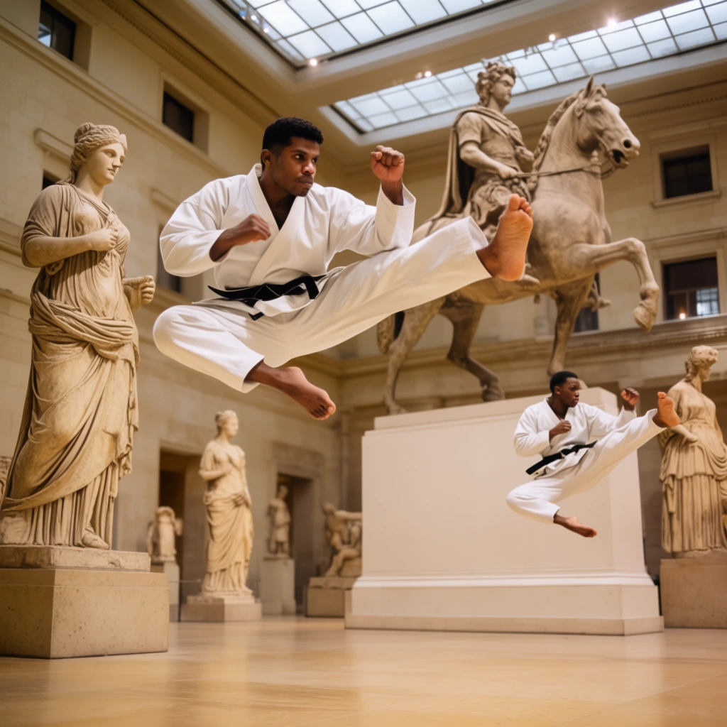 A barefoot man suspended mid-air performs a high flying lateral kick inside a luminous museum gallery. He wears a white martial arts gi and a black belt, his expression intensely focused. In the lower right background, a second barefoot figure in a matching gi executes a mirrored aerial kick. They are surrounded by towering classical stone statues, including a massive equestrian monument on a tall white pedestal and standing female figures. The spacious hall features smooth light-tan floors, pale walls, and a skylit ceiling. Captured with high-speed photography from a low angle, the warm ambient light contrasts the dynamic human figures against the rigid historical sculptures.