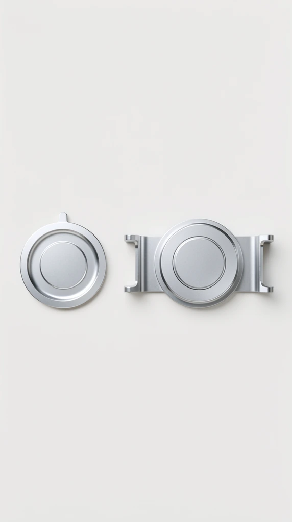 Two precision-machined silver mounting components rest side-by-side against a stark off-white background. The left item is a flat circular aluminum disc featuring a raised outer rim, a central circular indent, and a tiny alignment tab at its top edge. On the right, a matching circular disc functions as the central hub of a horizontal mechanical bracket. This wider assembly has symmetrical flat arms extending outward, ending in perpendicular gripping tabs. Soft, shadowless studio lighting highlights the sleek utilitarian industrial design and brushed metallic finish in a clean, minimalist composition.