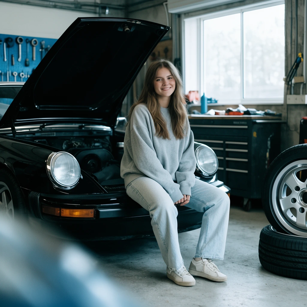 A young woman in an oversized grey sweatshirt and light jeans sits smiling on the front bumper of a classic black sports car with an open hood inside a bright garage. Natural daylight from a large window illuminates her face against a backdrop of concrete floors, a blue tool pegboard, and a metal tool chest. A heavy foreground blur on the lower left and a stacked pair of tires with silver alloy rims on the right frame the cool-toned, cinematic lifestyle photograph.