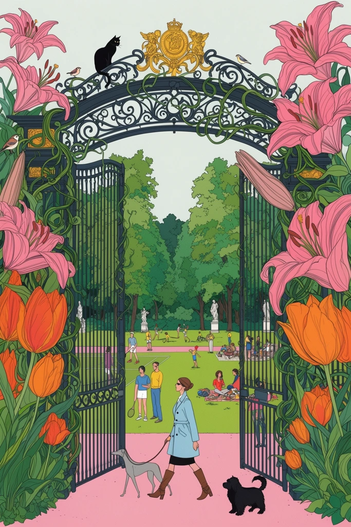 An intricate illustration of an ornate black iron park gate overgrown with oversized, curling green vines and massive blooming pink lilies and orange tulips. A black cat perches on the gate's upper curvature, while small birds rest on the metalwork and the golden crest above. Framed by the giant flora, the open gates reveal a lively park with lush trees and classical white statues under a pale sky. In the foreground, a woman in a light blue coat and brown boots strides along a pink path, walking a slender grey dog and a stout black dog. Deeper inside the park, tiny figures play tennis, picnic on the grass, and stand near the lawns. The artwork utilizes a precise ligne claire style with flat, vibrant colors, crisp outlines, and a surreal scale contrast between the enormous foreground botanical elements and the bustling park visitors.