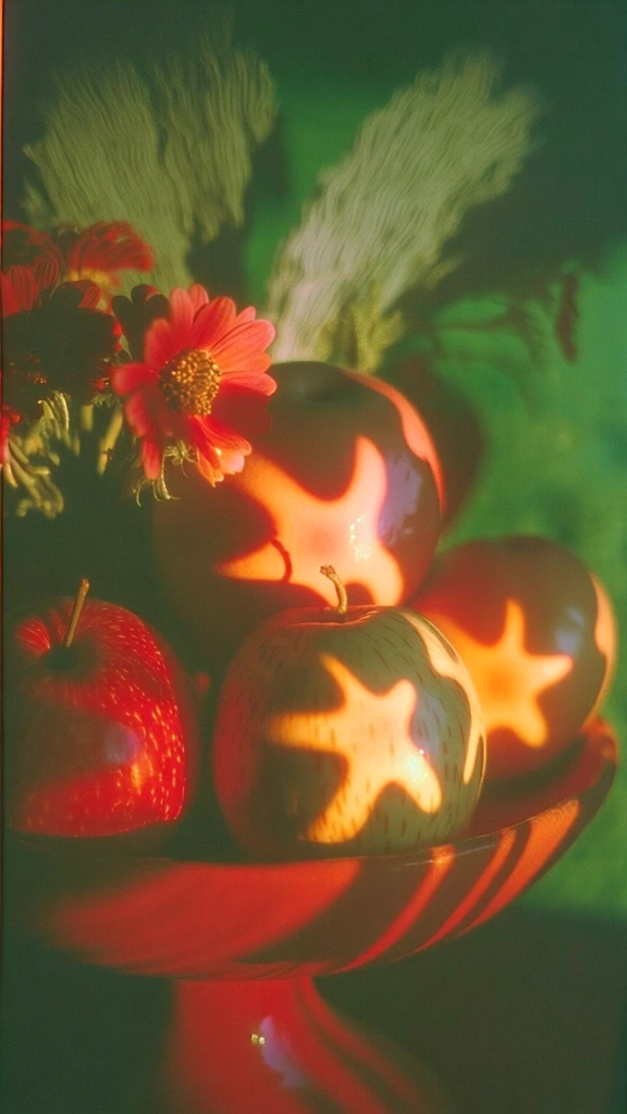 close-up arrangement of vibrant red flowers and ripe fruit in a bowl on a pedestal, set against a lush green background, heavy analog film grain, 70s retro aesthetic, soft focus, dramatic warm orange star-shaped gobo light projections casting sharp patterns across the fruit, saturated primary red and golden yellow tones, high contrast shadows, ethereal and nostalgic mood, lo-fi experimental photography style, vintage lens feel.