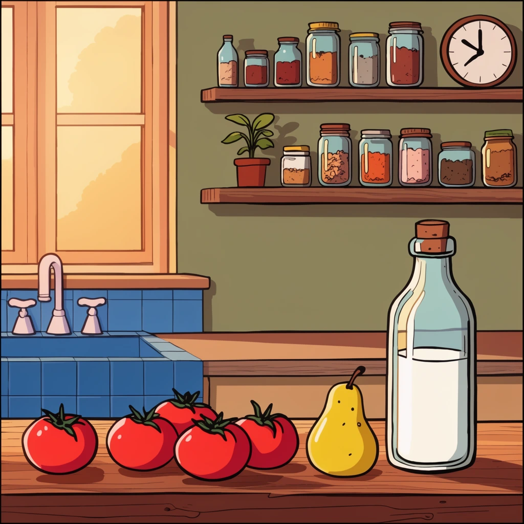 A 2D cartoon illustration of a wooden kitchen counter holding bright red tomatoes, a yellow pear, and a clear glass bottle filled with white liquid. Behind them, a muted olive-green wall features two wooden shelves lined with assorted jars, a small potted plant, and a clock. A blue-tiled sink and a warm, sunlit window sit to the left. The artwork uses thick black outlines, flat shading, and a retro color palette.