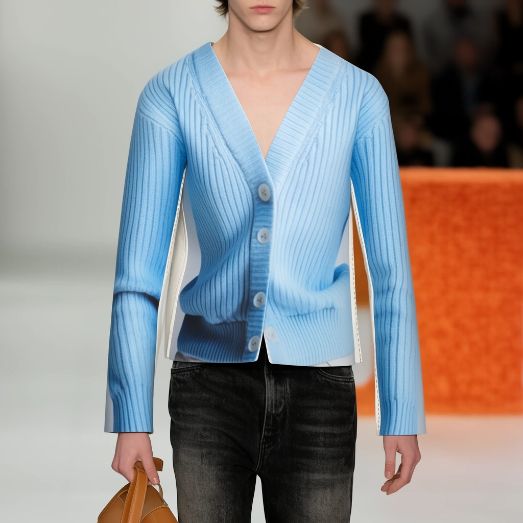 A model on a brightly lit runway wears a surreal light blue V-neck top made of stiff material printed with a trompe l'oeil image of a creased ribbed button-down cardigan. The flat structured garment has exposed white edges along the side seams. They wear faded black denim jeans and hold a tan leather accessory. The blurred background features a white floor and a textured orange cube.