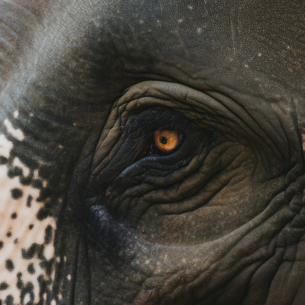 An extreme macro close-up of an elephant's eye embedded in heavily wrinkled skin. The thick, leathery hide features charcoal grey and earthy brown tones crisscrossed by profound, shadowed crevices. A striking, amber-colored eye with a dark pupil is framed by sparse, coarse black eyelashes within a deep facial socket. Pale, depigmented speckles mark the left edge of the frame. Captured with a tight crop and soft, diffused natural lighting, the composition emphasizes the tactile texture and intricate topographical details of the animal's face.