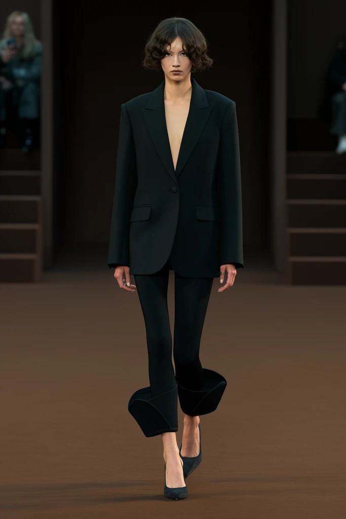 fashion model on a minimalist brown runway, oversized black tailored blazer, plunging neckline, tight black leggings with structured flared calf cuffs, dark pumps, short wavy hair, shallow depth of field, blurred tiered background