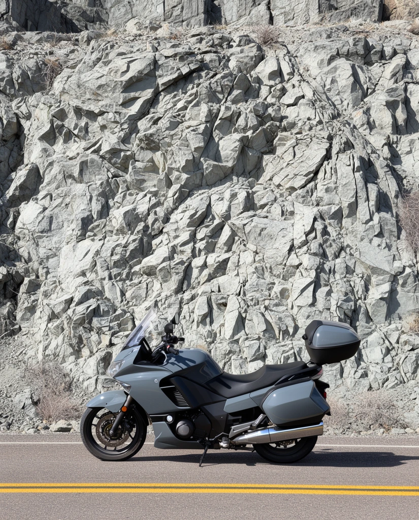 A sleek, slate-grey touring motorcycle parked in profile on an asphalt road marked by double yellow lines. Facing left, the bike features a clear windshield, side panniers, a black rear storage trunk, and a chrome exhaust. It sits before a towering, light-grey cliff face that fills the background. The massive stone wall is densely textured with jagged crevices, sharp fractures, and sparse dried brush. Bright, direct sunlight casts a crisp shadow of the bike onto the pavement and deeply accentuates the craggy, chaotic geological patterns of the rock behind the smooth, polished machine.