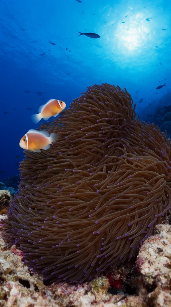 Two pale orange anemonefish with white stripes hover beside a massive sea anemone covered in dense, flowing brown tentacles with purple tips. The anemone rests on a textured coral reef against a deep blue underwater background transitioning to bright sunlit aqua above, speckled with distant fish silhouettes.