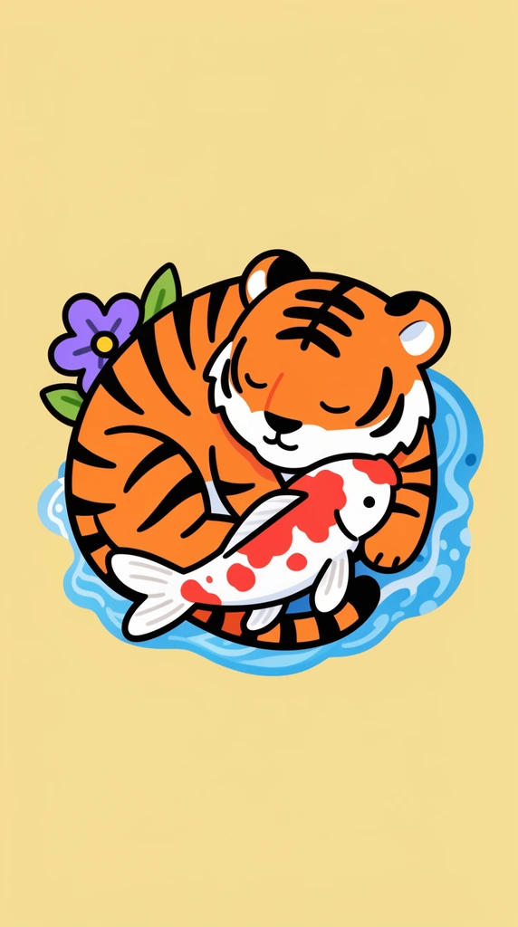 2D vector illustration, sleeping orange tiger cuddling a spotted koi fish, subjects curled together forming a circular composition, thick black outlines, flat vibrant colors, purple flower, stylized blue water waves, kawaii cartoon aesthetic, clean badge design, solid pastel yellow background