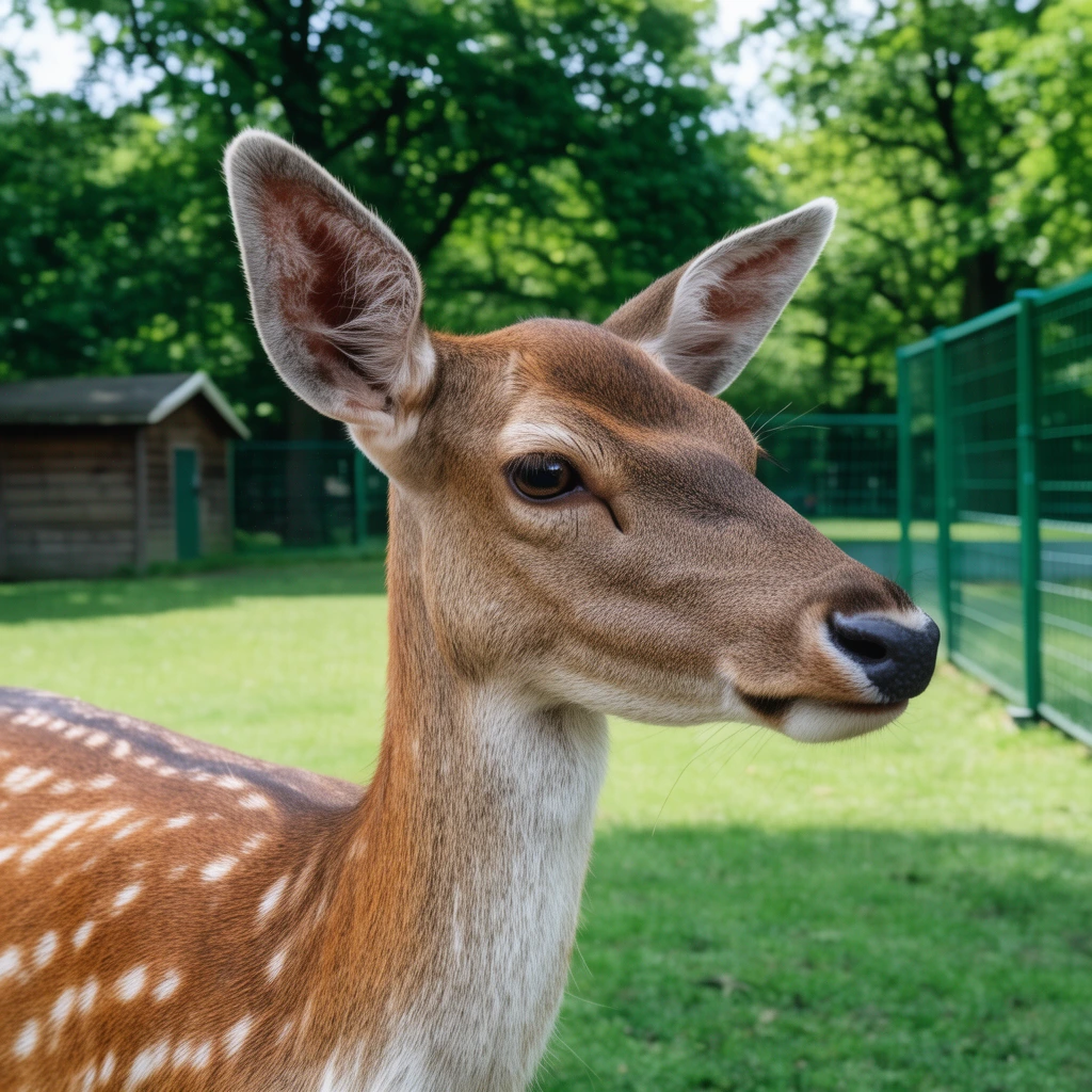 Close-up profile of a spotted brown deer facing right in a lush grassy enclosure. The sharply focused deer features large tufted ears, a dark eye, and a black snout. Bright natural daylight illuminates the scene, while a softly blurred background reveals mature trees, a green metal fence, and a small wooden shed.